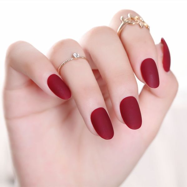 

24pcs/set new full cover matte false nails short round head soft pure color oval frosted fake nails artificial art tips, Red;gold
