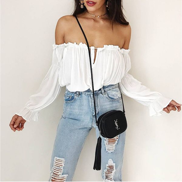 

slash neck off shoulder chiffon blouse autumn women blouses 2017 long sleeve lantern sleeve ruffles short white
