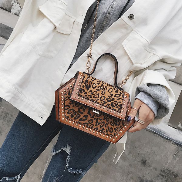 

leopard print women messenger bag hexagon shape women shoulder bag winter plush females handbag rivet chains lock crossbody bags