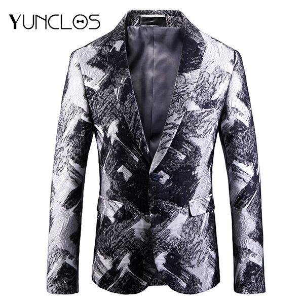 

yunclos 2018 fashion printed men blazer slim fit party host suit jackets blazer jackets americana hombr, White;black