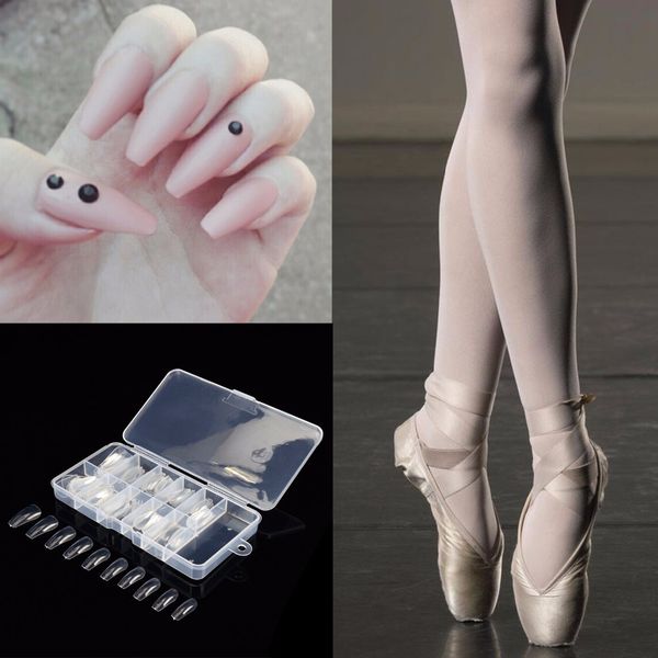 

100pcs long ballerina half nail tips clear coffin false nails abs artificial diy false fake uv gel nail art tips high quality, Red;gold