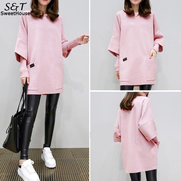

long sweatshirt women autumn winter women sweatshirts o neck long sleeve solid patchwork loose pullover hoodies pocket, Black