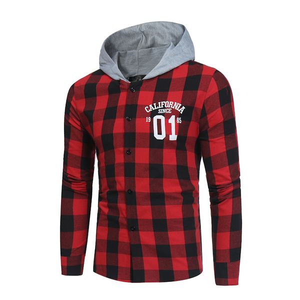 

Men Plaid Cardigan Hoodies Preppy Chic Thin Casual Pullover with Buttons Male O Neck Hooded Shirts