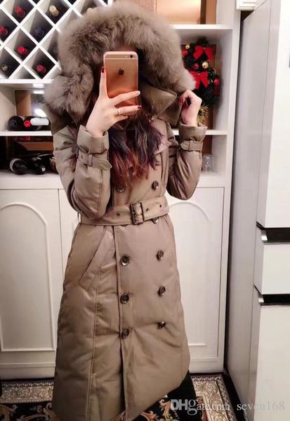 

B brand winter women x long down jacket 90 white duck down coat 100 large real raccoon fur hooded double brea ted parka, Black