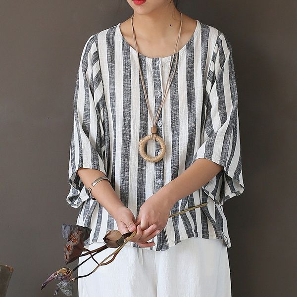 

cotton linen striped women blouse summer loose casual stripe shirt blouse vintage original design women cute blusas a253, White