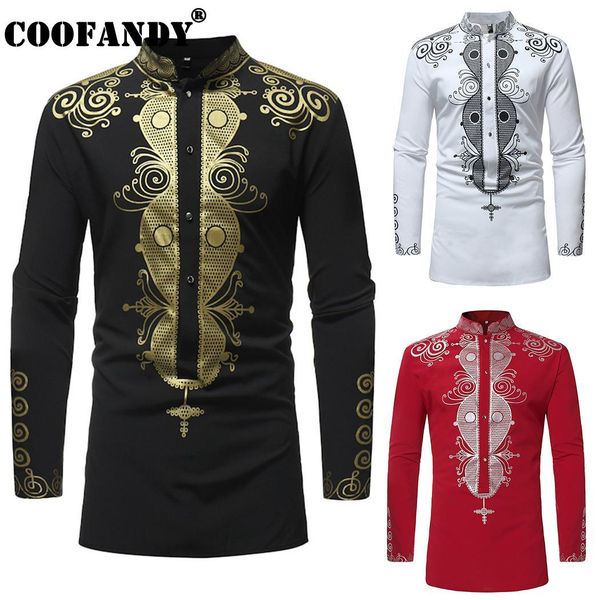 

shirt stand casual new regular long single sleeve men prints black button white casual row collar red fit party fashion, White;black