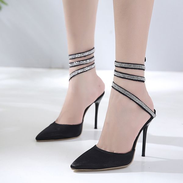 

new fashionl women 11cm high heel pointed toe gladiator catwalk show style sandals snake type winding rhinestone sandals lady party shoes, Black