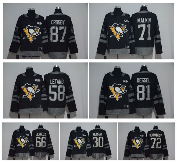 

100th anniversary 87 sidney crosby kris letang 66 lemieux evgeni malkin 81 phil kessel 30 murray guentzel pittsburgh penguins hockey jerseys, Black;red