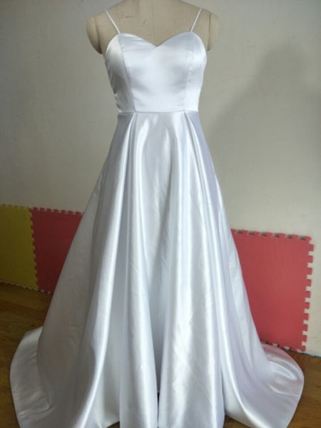 

real pictures elegant a-line satin long wedding dresses with pockets custom made spaghetti sweep train sweetheart bridal gowns, White