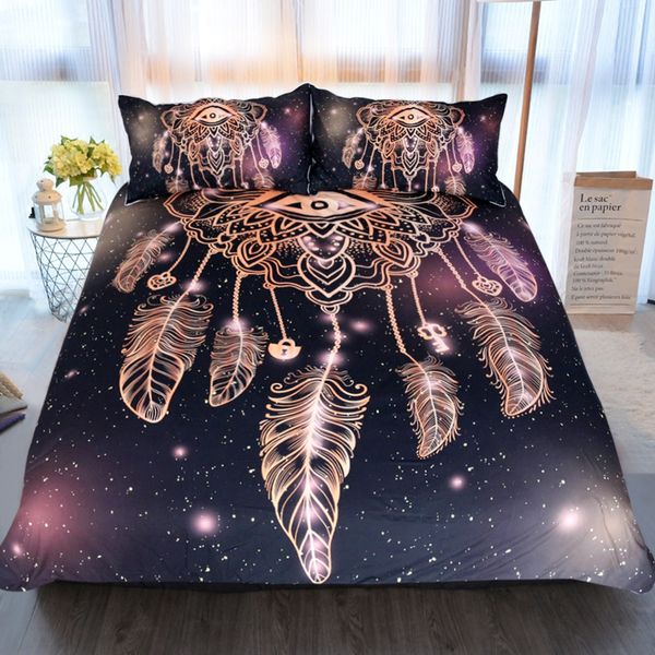 

3pcs eye dreamcatcher bedding set king size luxury galaxy golden print bohemian bedclothes 3d universe duvet cover sj141