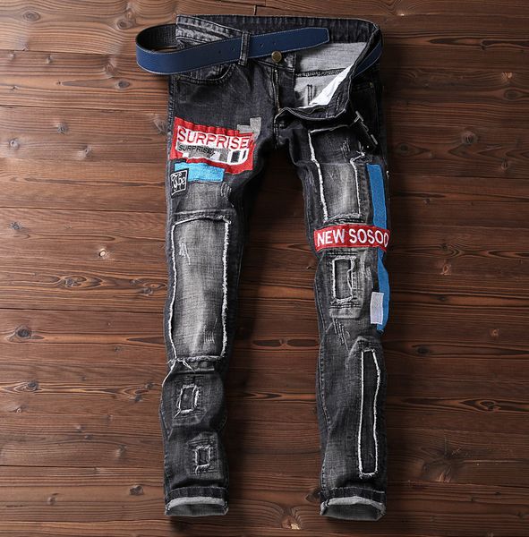 

new men jeans badge embroidery stretch tide hip zipper fashion pants 806, Blue