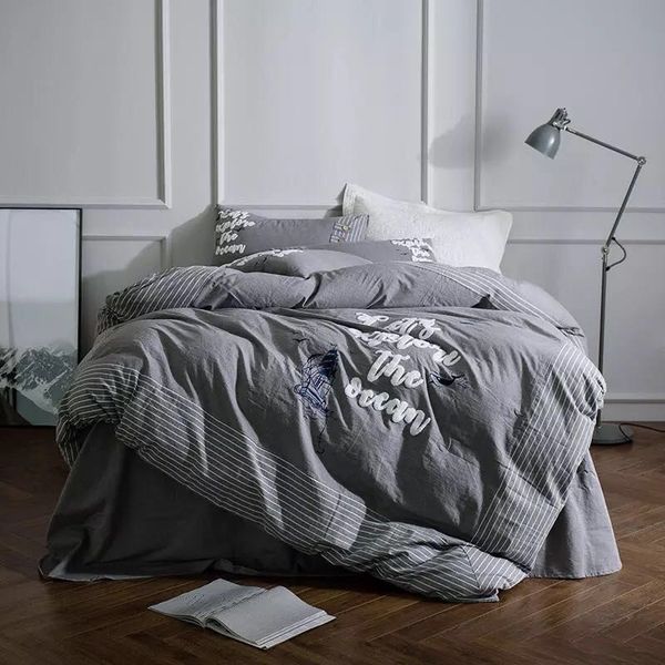 Grey Stripes Bedding Set Queen Size 800tc Washed Cotton Comforter