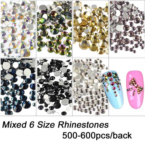 

mixed 6 size crystal rhinestones 3d nail art decorations flatback ab/white/purple/yellow/rainbow/ink blue/black gem ch309, Silver;gold