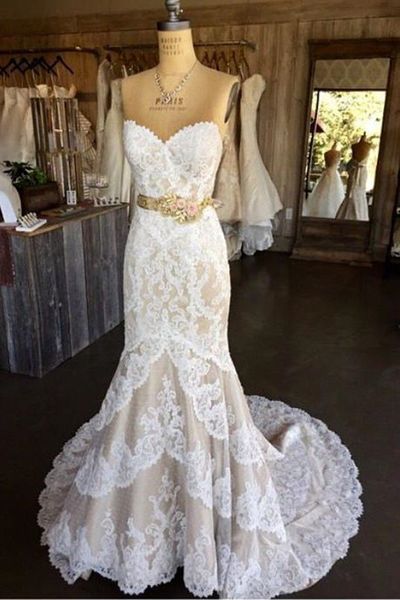 

new white lace champagne tulle mermaid wedding gowns handmade flowers real image long bridal dress gold sash sweetheart applique modern