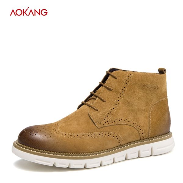 

aokang 2018 winter brogue shoes men genuine leather brand bota masculina lace up round toe ankle boots men, Black