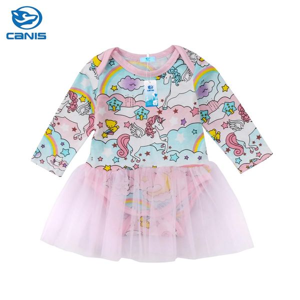 

2018 brand new toddler infant newborn baby kid girl long sleeve unicorn print dress clothes tutu chiffon dress cartoon clothes, Red;yellow