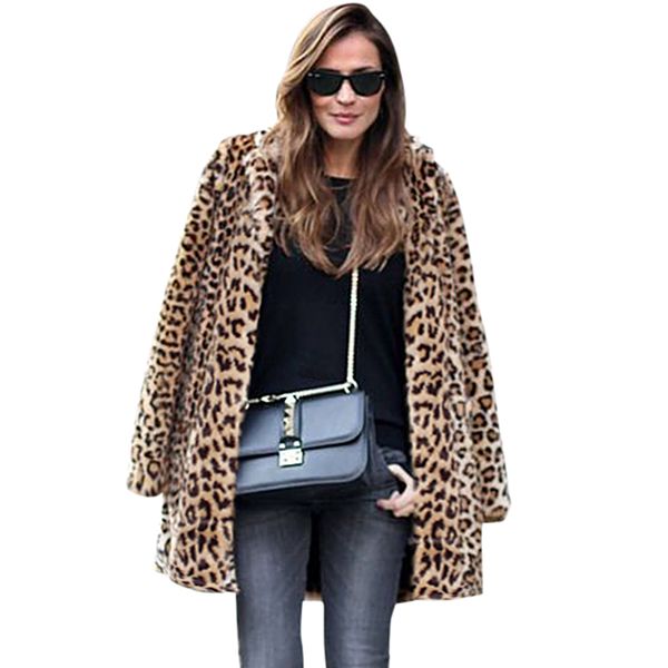 

2018 осень зима leopard куртка женщин искусственного меха длинные пальто leopard печати ударная воротник с длинным рукавом куртки parka верх, Black