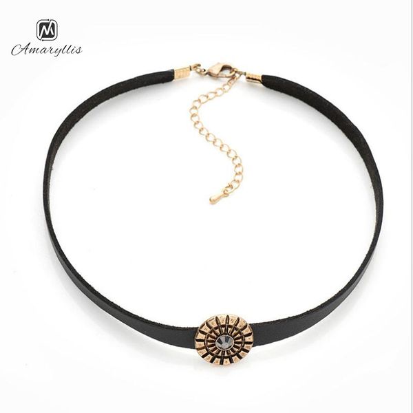 

amaiyllis mysterious pattern geo round pendant choker necklace for women simple black leather choker collar new clavicle chain, Golden;silver