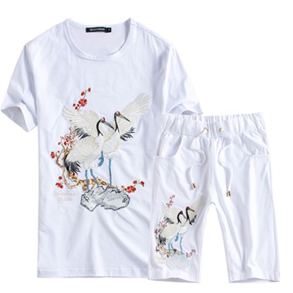 

2018 новая мода лето короткие наборы мужчины повседневная кран вышивка костюмы для мужчин китайский стиль печати костюм наборы футболка +брю, Gray