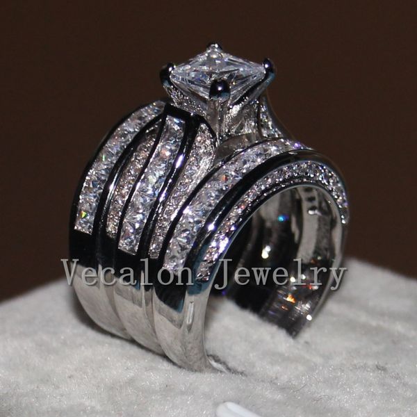 Vecalon Fine Jewelry Princess-Schliff 20 Karat 5A Zirkon CZ Ehering-Set für Frauen, 14 KT Weißgold gefüllter Fingerring