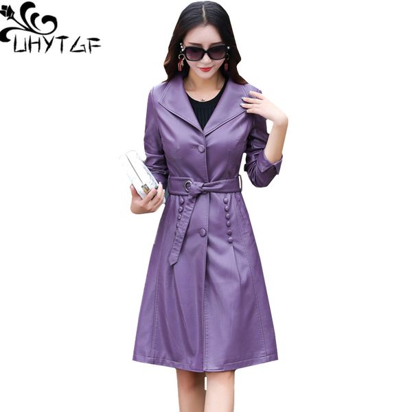 

uhytgf 5xl plus size leather jacket women spring autumn windbreaker outerwear belt long slim female coat veste en cuir femme 790, Black