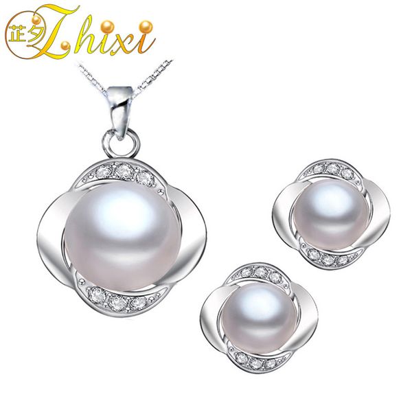 

zhixi pearl jewelry set 9-10mm natural pearl necklace pendant earrings fine wedding jewelry set for women with gift boxt02, Black