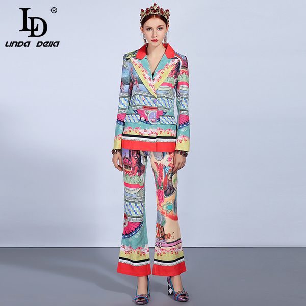 

ld linda della new 2018 fashion runway autumn winter suit set women's jackets + vintage printed long pants sets, Gray