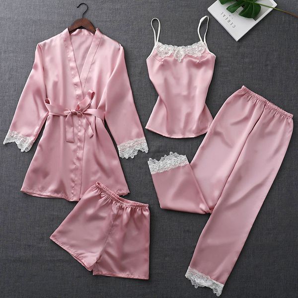 

women's strap stain pajama 4 pieces sets kimono female pajymas suit 2018 autumn lady ultra thin lace silk homewear nightie, Blue;gray