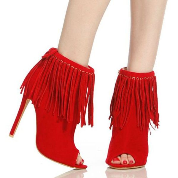 Nova Moda Mulheres Peep Toe Vermelho Laranja Laranja Preto De Couro Fino Salto Fino Borlas Curtas Botas Gladiador Botas de Ankle Fringes High Heel Calém Botinhas de tornozelo