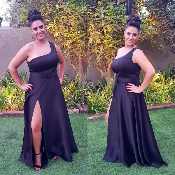 

simple elegant evening dresses custom made one shoulder side split satin floor length prom dress with belt formal party gowns, Black;red