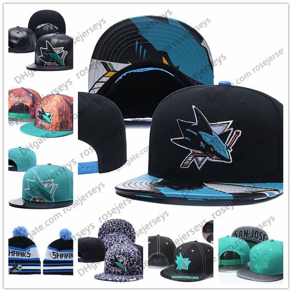 

san jose sharks ice hockey knit beanies embroidery adjustable hat embroidered snapback caps black teal white stitched hats, Black;white