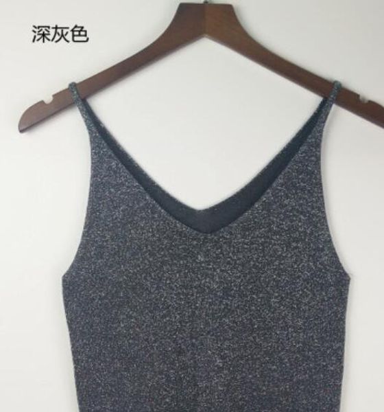 

knitted tank women gold thread crop vest sequined v neck long tank blusa solid silver camis beige fitness sweater, White