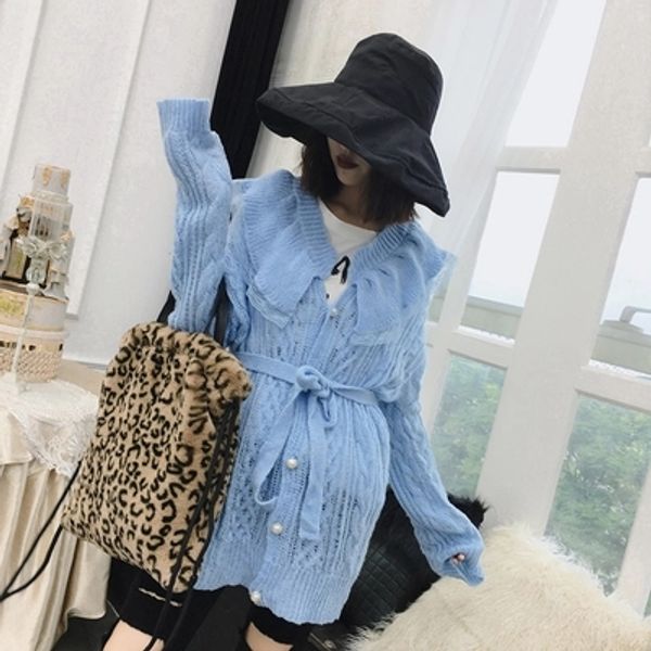 

2018 early autumn new sweet lotus leaf lace tie slim sweater cs11, White;black