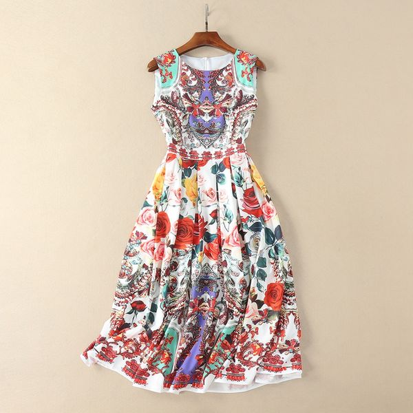 

red roosarosee 2018 new retro runway designer summer women sleeveless colorful print fashion mid-calf dress, White;black