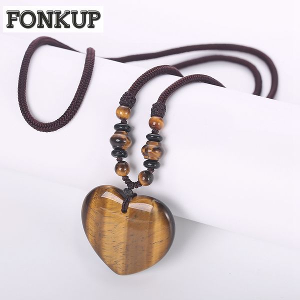 

forkup casual women fine jewelry tiger eye stone pendant necklaces wedding heart rope chain natural stone beads multilayer reiki, Silver