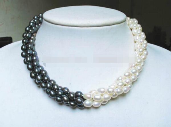 

white black freshwater pearl oval beads 3 strands twisted necklace, Silver