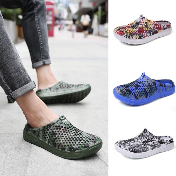 

2018 camouflage tarmac summer slippers men hollow out breathable beach flip flops casual slip-on flats sandals outdoor wading shoes, Black
