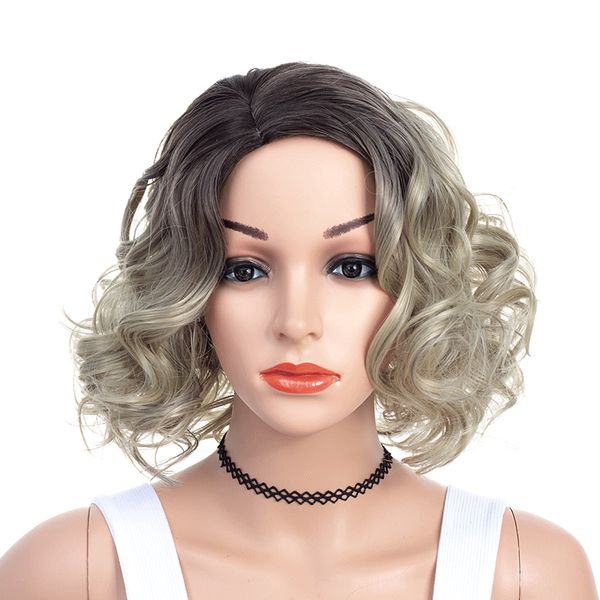 

леди короткие синтетические боб вьющиеся ломбер седые волосы дешевые сторона взрыва химических головной убор окрашенные частичные короткие в, Black