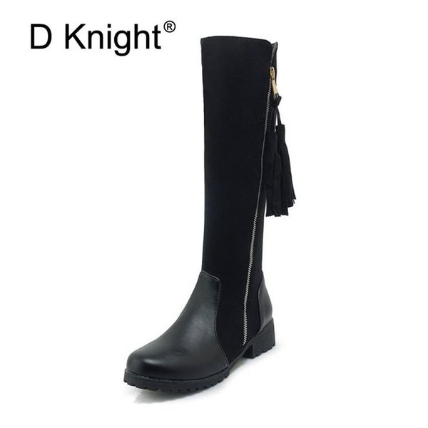 

new women square heel knee-high boots vintage round toe zipper heeled bota feminina woman warm fur shoes footwear big size 34-44, Black
