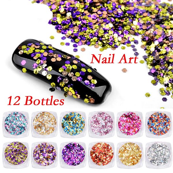 

new 12 bottles nail color six angle sequins ultra thin sequins nail art make-up gift 2018, Silver;gold