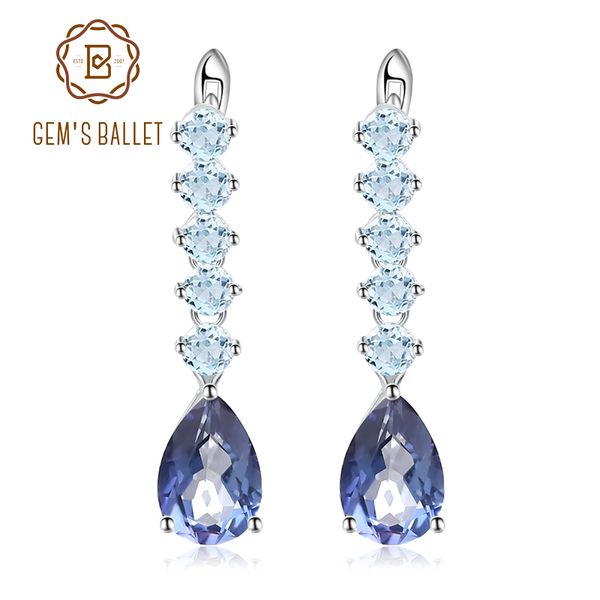 

gem's ballet natural mystic quartz-iolite blue gemstone women's earrings 925 sterling silver drop earrings fine jewelry with box, Golden;silver