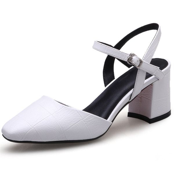 

2018 pu square toe women pumps simple buckle summer dress shoes big size 33-40 casual high heels shoes, Black