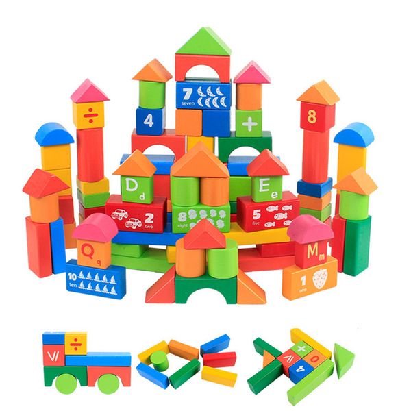 

100 Pieces cartoon digits and letters wood building blocks child educational kids wooden bricks Basic stacking toys Free Ship