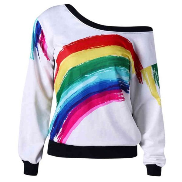 

spring autumn women rainbow print t-shirt skew neck ladies casual long sleeve pullovers shirt sj741v, White