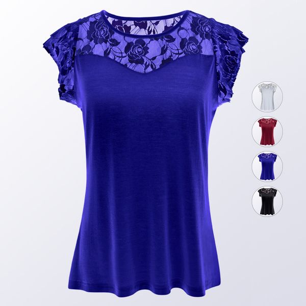 

asian size s to 3xl women t shirt 2018 slim lace stitching lotus leaf short sleeve tshirt ladies clothing, White