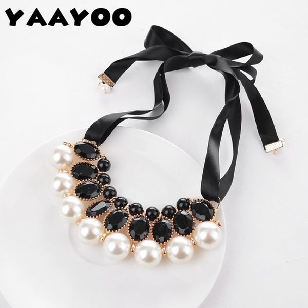 

yaayoo new temperament big imitation pearl resin necklace & pendant ribbon statement necklace women collar jewelry, Silver