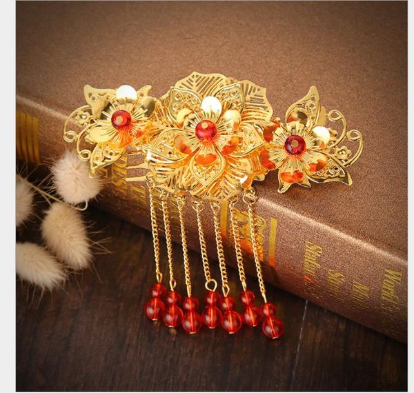 

bridal headwear, costume, golden red tassel, wedding gown, chinese style cheongsam, Slivery;golden