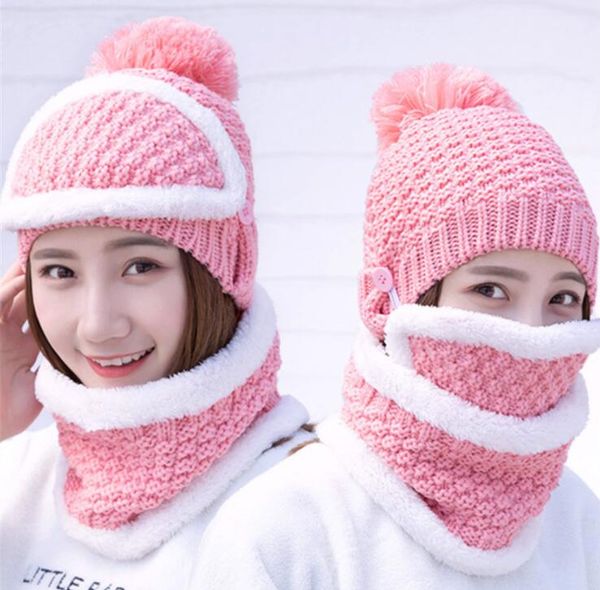 Atacado moda chapéus de pelúcia quente earmuffs chapéu para a menina mulheres de malha gorros grossos esqui esportes crochet chapéus melhor mulheres bonés cachecol máscaras