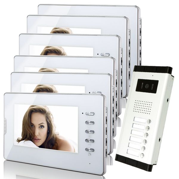 

New Apartment Intercom System 6 White Monitor Wired 7" Color Video Door Phone intercom System for 6 house FREE SHIPPING