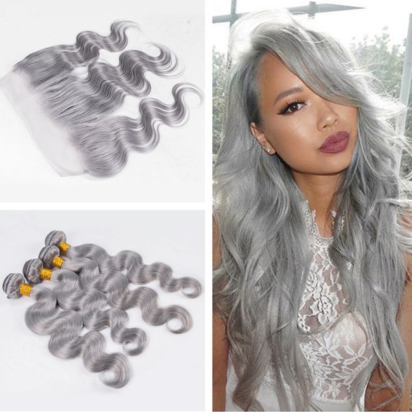 

Body wave 4pc hair weave with lace frontal unproce ed 9a ilver grey ear to ear lace frontal with hair exten ion